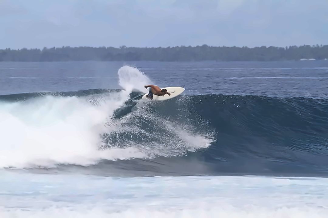 Deano carving off the top of a left-hand wave at Ujung Bocur, spray flying, with the tree-lined coast of Tanjung Setia behind him