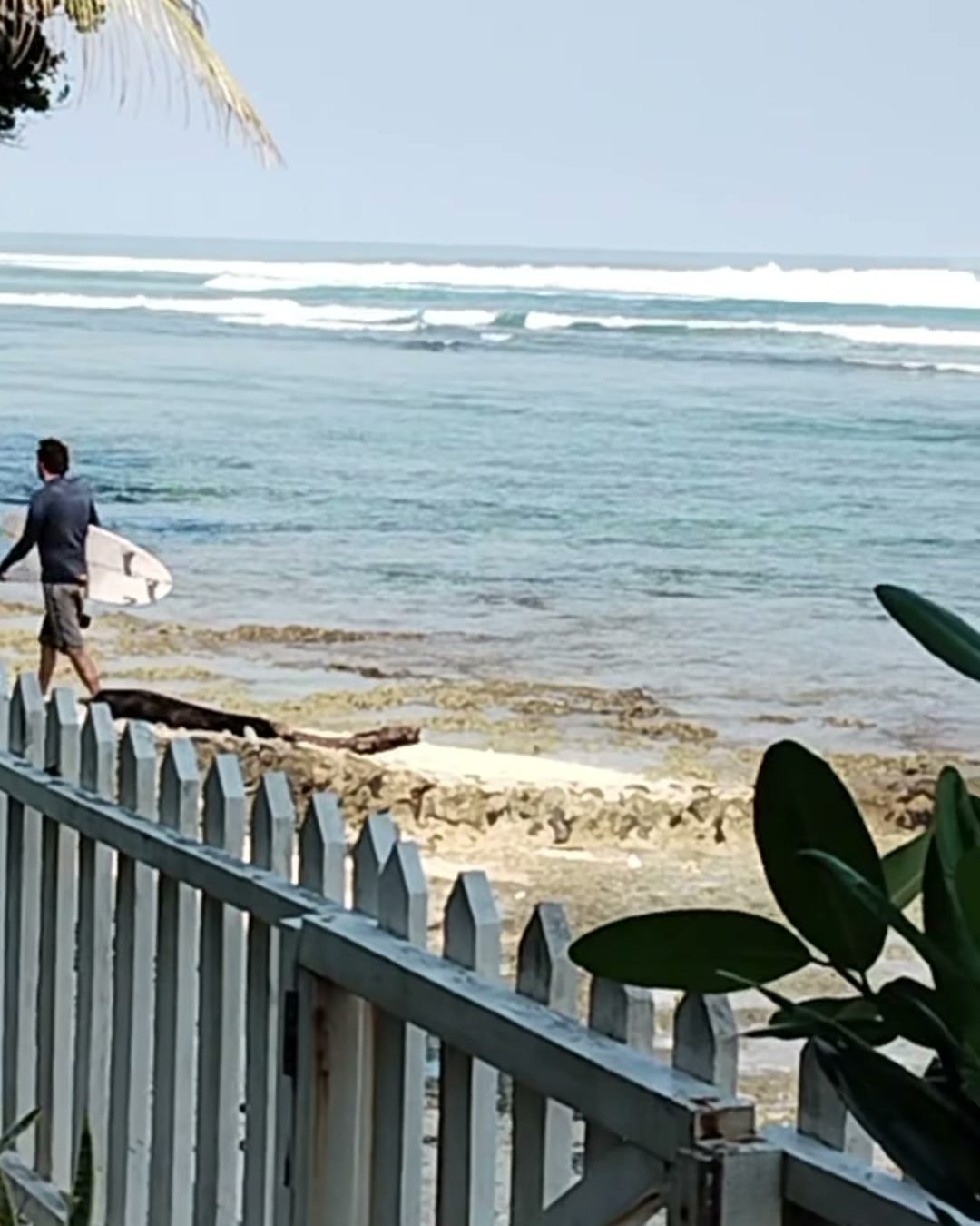 Surfer carrying a board past the white picket gate at Lani's onto the reef at Tanjung Setia, waves breaking on Ujung Bocur behind
